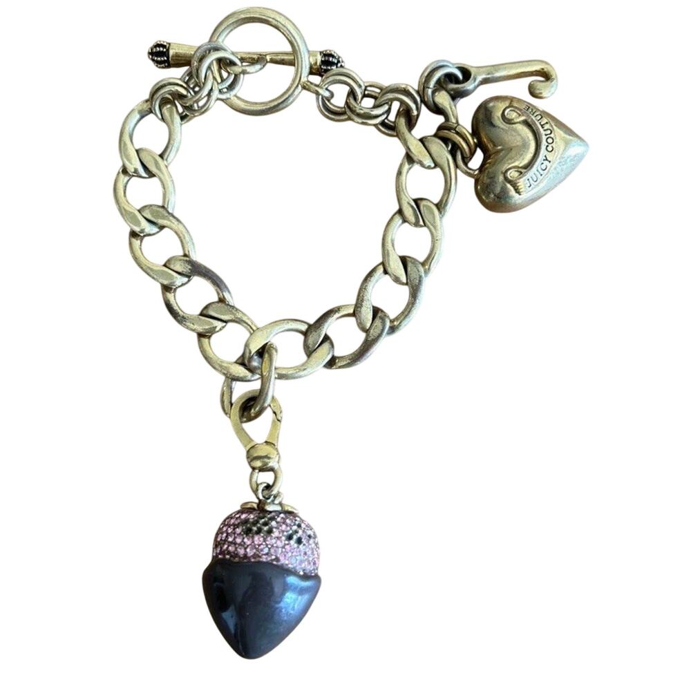 Vintage Y2K JUICY COUTURE Silver Tone Cuban Link Toggle Bracelet Heart Charm 8”
